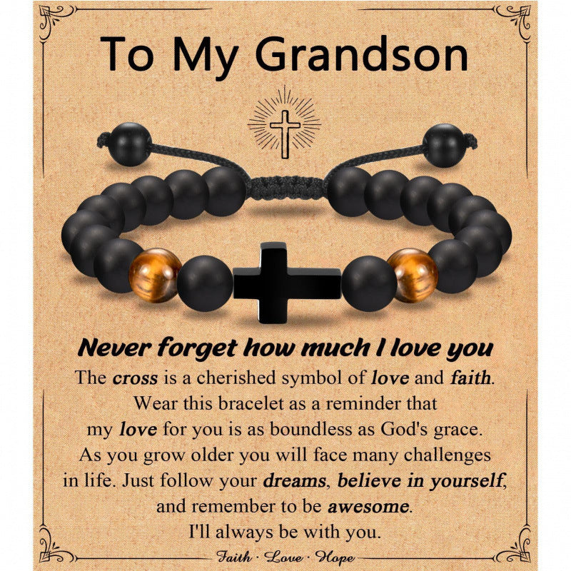 Eastern Mystiques Black Matte Beaded Bracelet Faith Cross Gift Adjustable Black Matte Tiger Eye Stone Cross Bracelet