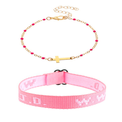 Eastern Mystiques Printed Letter WWJD Turquoise Cross Bracelet Pearl Pink Crystal Soft Clay Beaded Bracelet 5-Piece Set Jewelry for Women