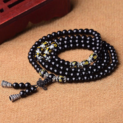 Eastern Mystiques Obsidian Synthetic Bracelet 108 Beads Buddhist Prayer Beads Multi-layer Bracelet Six-word Mantra Tiger Eye Stone Unisex Couple Jewelry