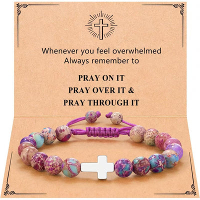Eastern Mystiques Purple Flower Emperor Stone Woven Bracelet 8mm Adjustable Alloy Cross Pendant Emperor Stone Cross Bracelet