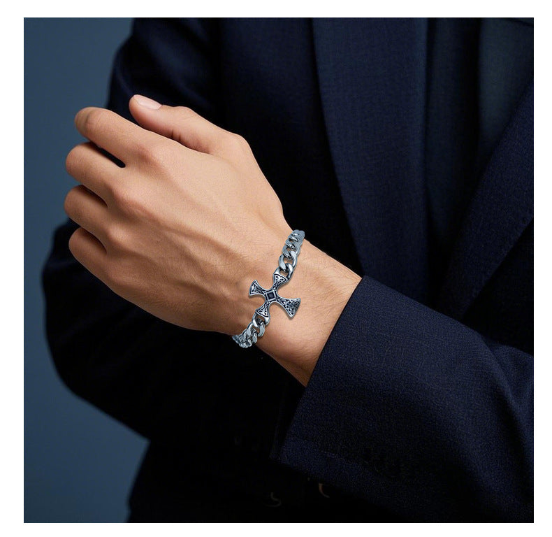 Eastern Mystiques 2025 Stainless Steel Hip-Hop Blackened Retro Men's Cross Bracelet Personality Trend Geometric Cool Style Hot Item