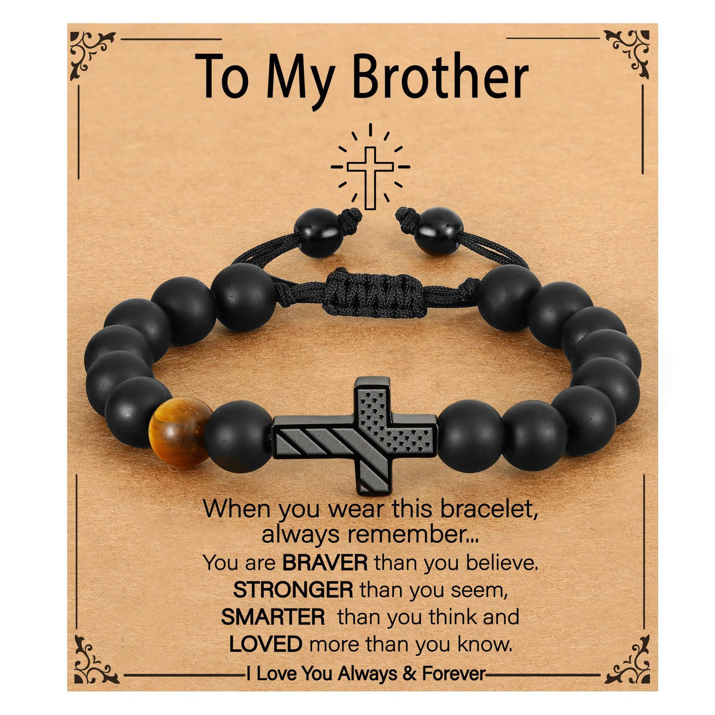 Eastern Mystiques Men's Black Onyx Bracelet American Flag Cross Woven Tiger Eye Stone Black Onyx Flag Cross Bracelet