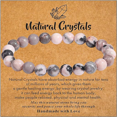 Eastern Mystiques Natural Stone Bracelet Handmade Beaded Pink Zebra Amethyst Elastic Cord Jewelry Card Accessories