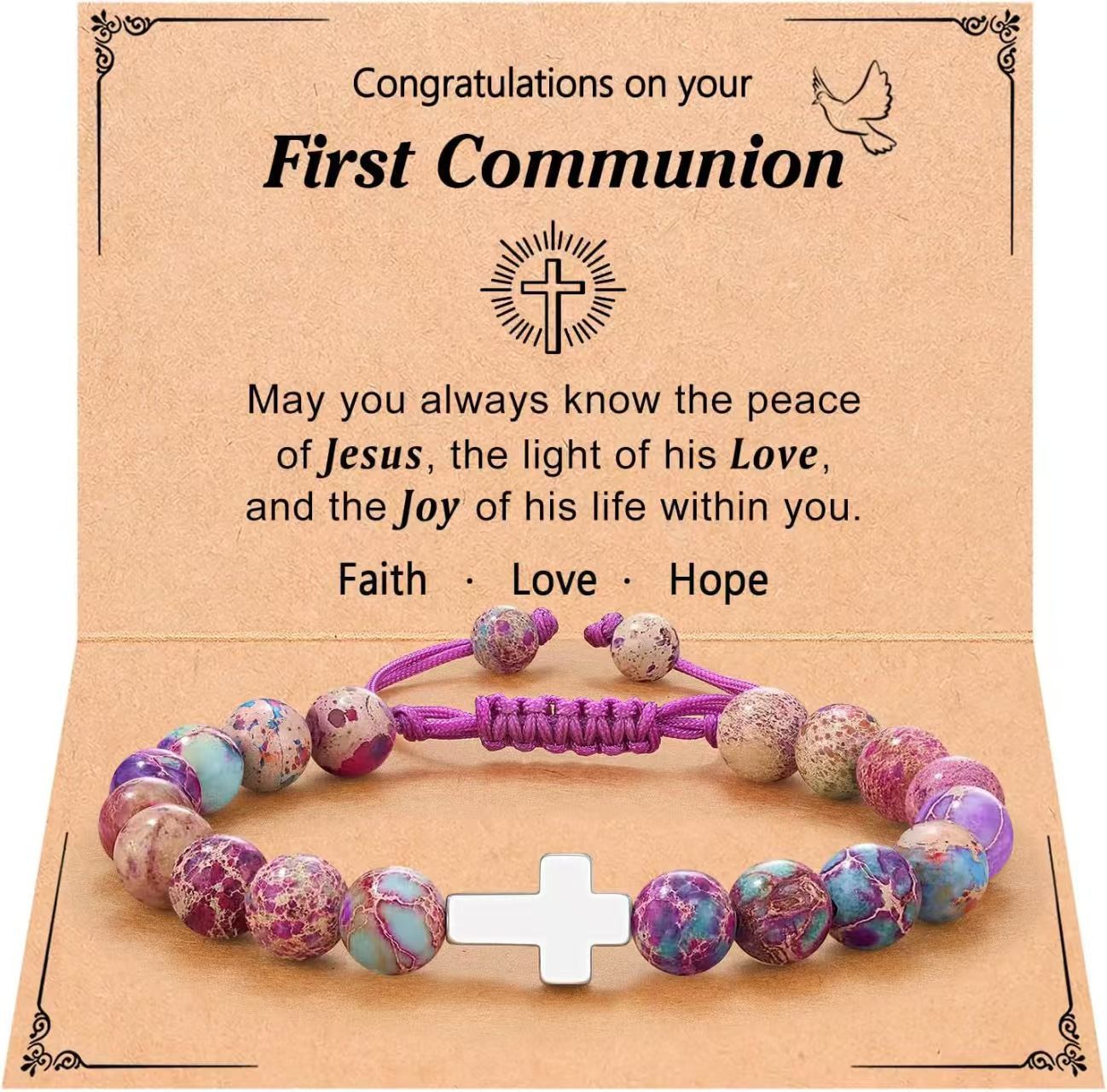 Eastern Mystiques Purple Flower Emperor Stone Woven Bracelet 8mm Adjustable Alloy Cross Pendant Emperor Stone Cross Bracelet