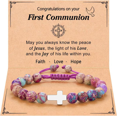 Eastern Mystiques Purple Flower Emperor Stone Woven Bracelet 8mm Adjustable Alloy Cross Pendant Emperor Stone Cross Bracelet