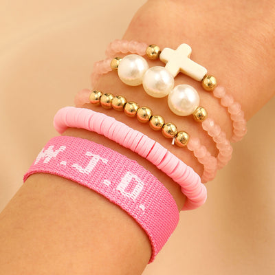 Eastern Mystiques Printed Letter WWJD Turquoise Cross Bracelet Pearl Pink Crystal Soft Clay Beaded Bracelet 5-Piece Set Jewelry for Women