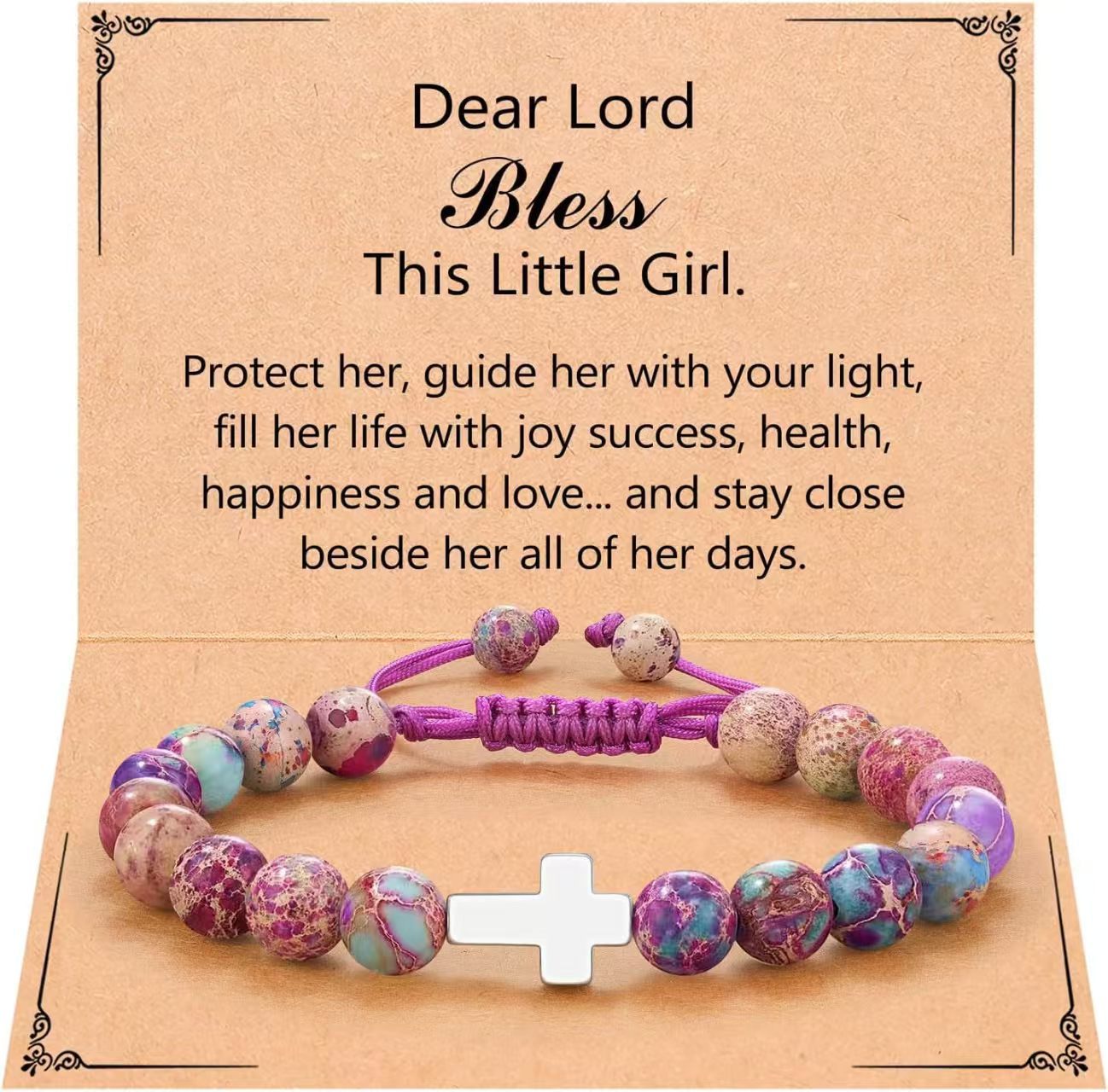 Eastern Mystiques Purple Flower Emperor Stone Woven Bracelet 8mm Adjustable Alloy Cross Pendant Emperor Stone Cross Bracelet