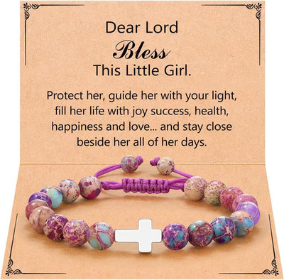 Eastern Mystiques Purple Flower Emperor Stone Woven Bracelet 8mm Adjustable Alloy Cross Pendant Emperor Stone Cross Bracelet