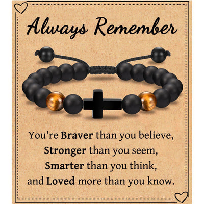 Eastern Mystiques Black Matte Beaded Bracelet Faith Cross Gift Adjustable Black Matte Tiger Eye Stone Cross Bracelet