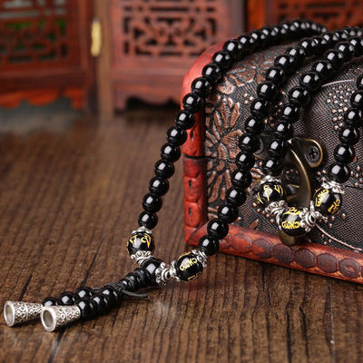 Eastern Mystiques Obsidian Synthetic Bracelet 108 Beads Buddhist Prayer Beads Multi-layer Bracelet Six-word Mantra Tiger Eye Stone Unisex Couple Jewelry