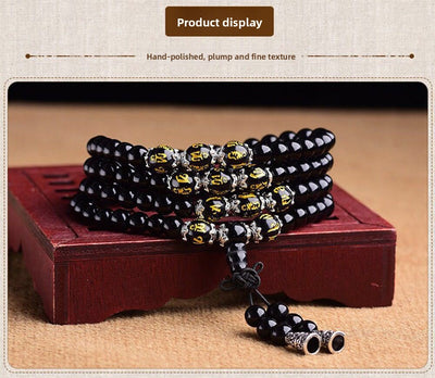 Eastern Mystiques Obsidian Synthetic Bracelet 108 Beads Buddhist Prayer Beads Multi-layer Bracelet Six-word Mantra Tiger Eye Stone Unisex Couple Jewelry