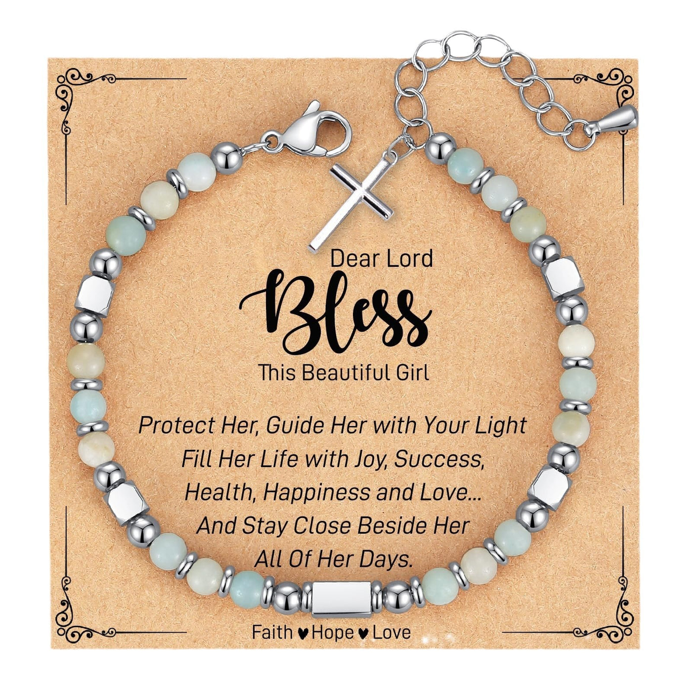 Eastern Mystiques Turquoise Bracelet Adjustable Stainless Steel Square Silver Bead Cross Pendant Pink Quartz Blue Turquoise Cross Chain Bracelet