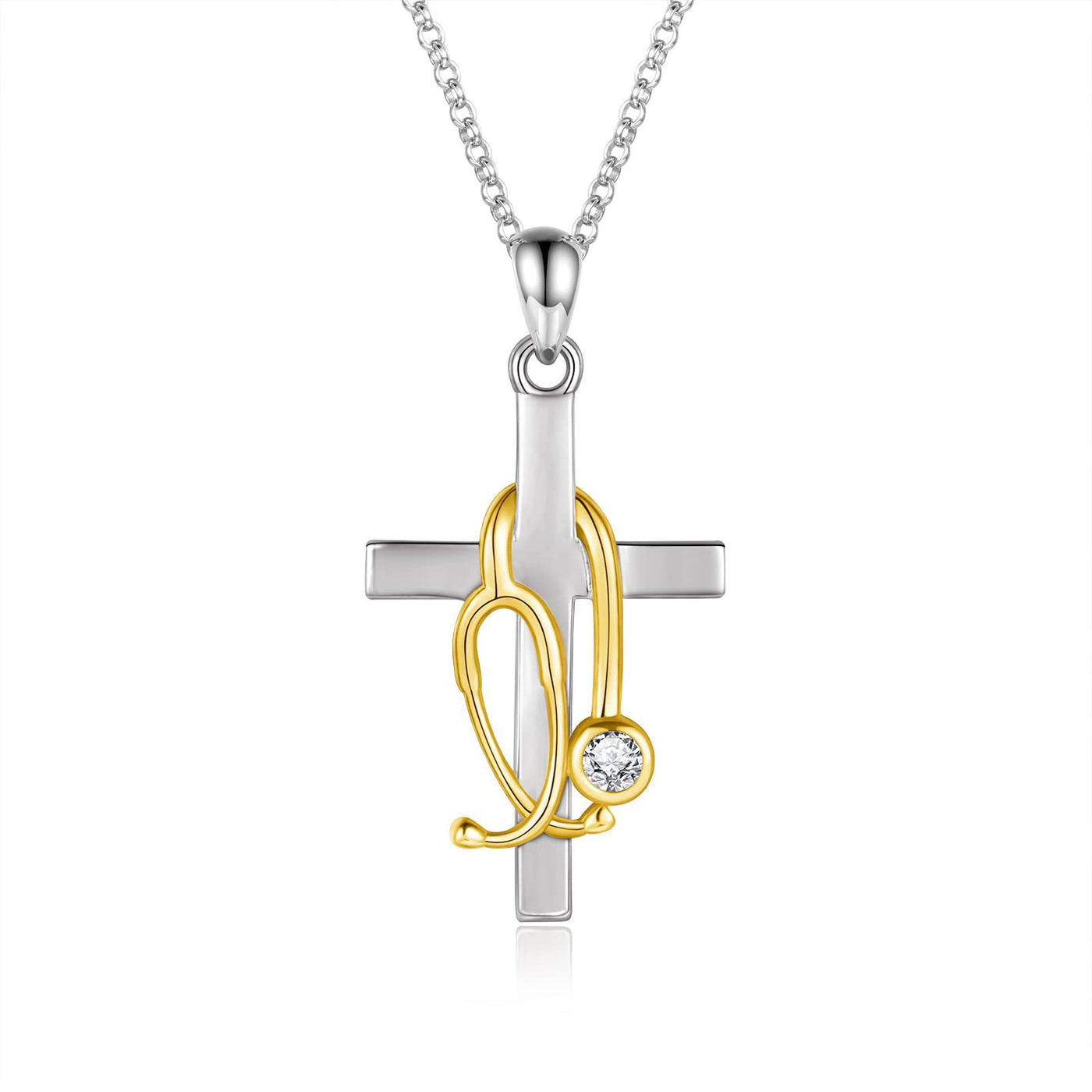 Eastern Mystiques Women's Cross Necklace Steel Color Cross Gemstone Inlaid Rose Gold Stethoscope Cross Stethoscope Necklace