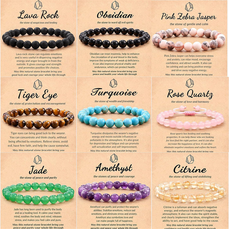 Eastern Mystiques Hot Selling Natural Stone with Card Paper Beaded Elastic Cord Bracelet Crystal Agate Tiger Eye Stone Wholesale Bracelet Jewelry