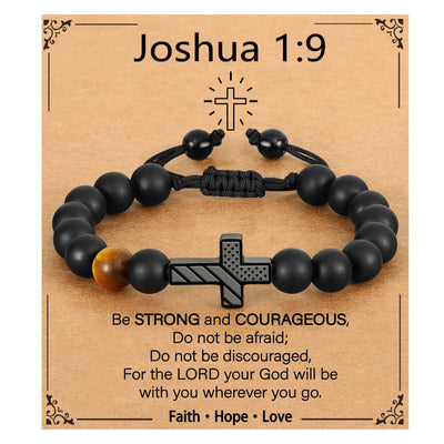 Eastern Mystiques Men's Black Onyx Bracelet American Flag Cross Woven Tiger Eye Stone Black Onyx Flag Cross Bracelet