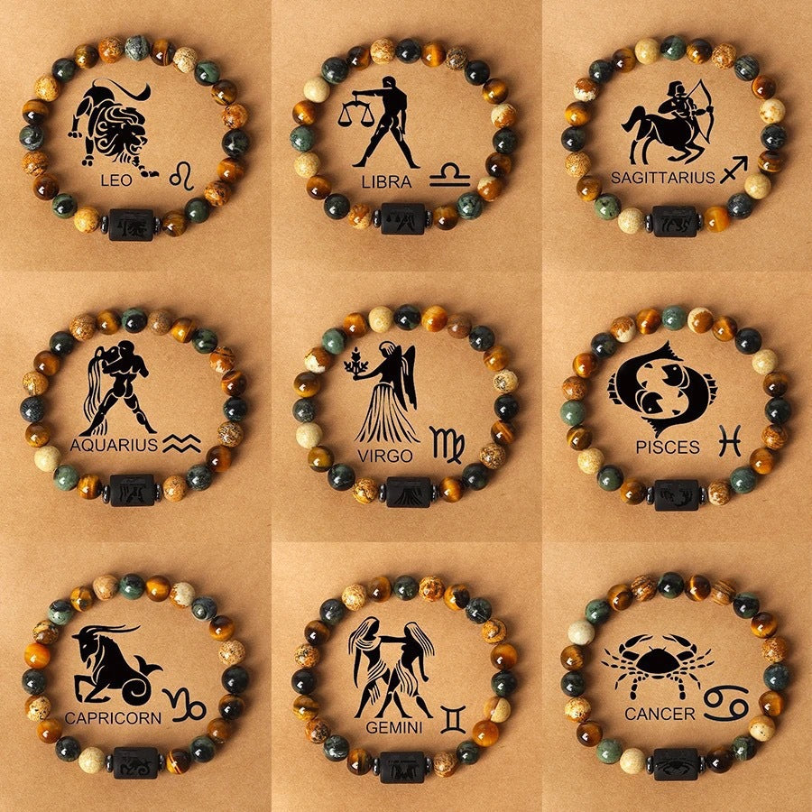 Eastern Mystiques 18cm Natural Stone Bracelet Bead Bracelet Twelve Constellations Tiger Eye Stone Picture Stone Bracelet Jewelry Bangle