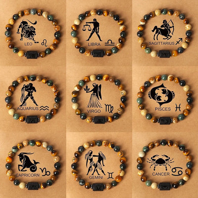 Eastern Mystiques 18cm Natural Stone Bracelet Bead Bracelet Twelve Constellations Tiger Eye Stone Picture Stone Bracelet Jewelry Bangle