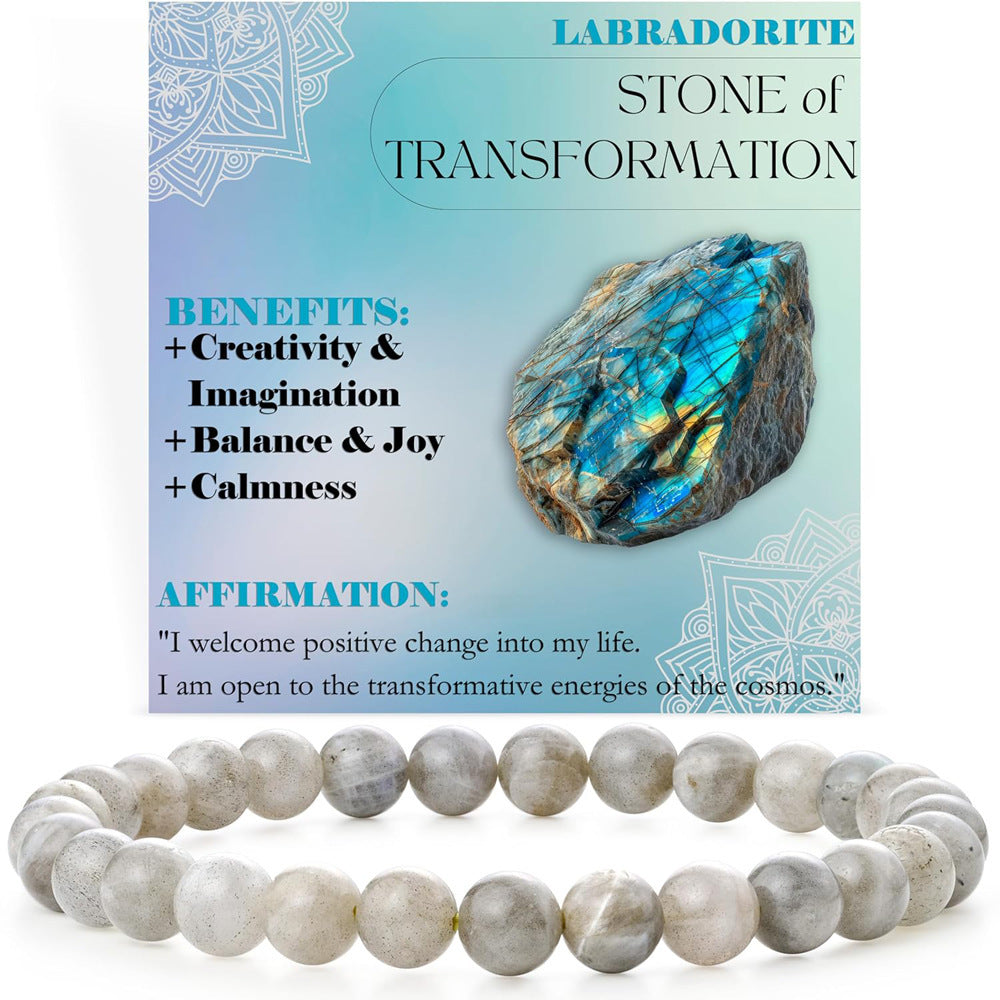 Eastern Mystiques 6mm Natural Stone Obsidian Amazonite Beaded Bracelet Elastic Cord Bracelet with Card