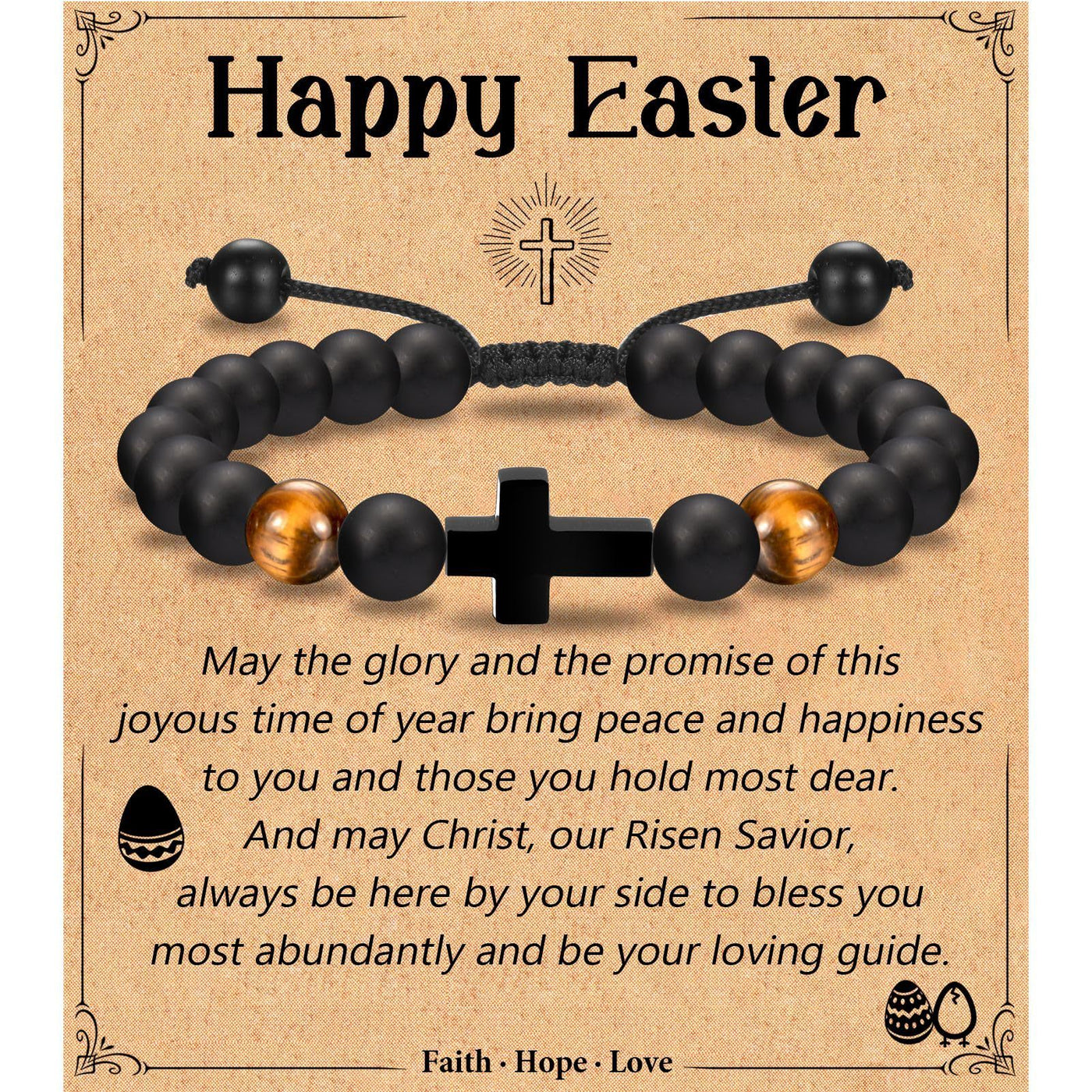 Eastern Mystiques Black Matte Beaded Bracelet Faith Cross Gift Adjustable Black Matte Tiger Eye Stone Cross Bracelet