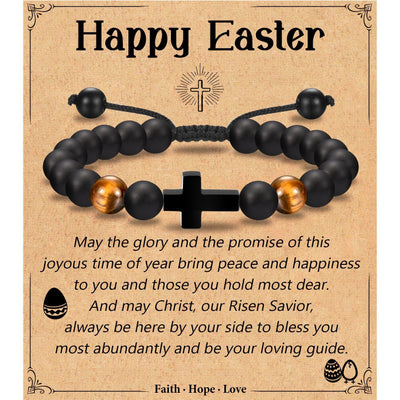 Eastern Mystiques Black Matte Beaded Bracelet Faith Cross Gift Adjustable Black Matte Tiger Eye Stone Cross Bracelet