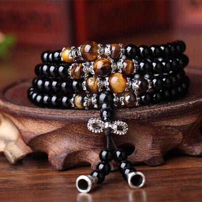 Eastern Mystiques Obsidian Synthetic Bracelet 108 Beads Buddhist Prayer Beads Multi-layer Bracelet Six-word Mantra Tiger Eye Stone Unisex Couple Jewelry