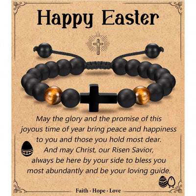 Eastern Mystiques Black Matte Beaded Bracelet Faith Cross Gift Adjustable Black Matte Tiger Eye Stone Cross Bracelet