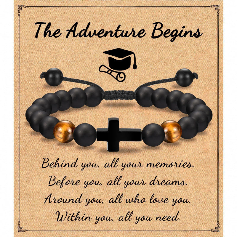 Eastern Mystiques Black Matte Beaded Bracelet Faith Cross Gift Adjustable Black Matte Tiger Eye Stone Cross Bracelet