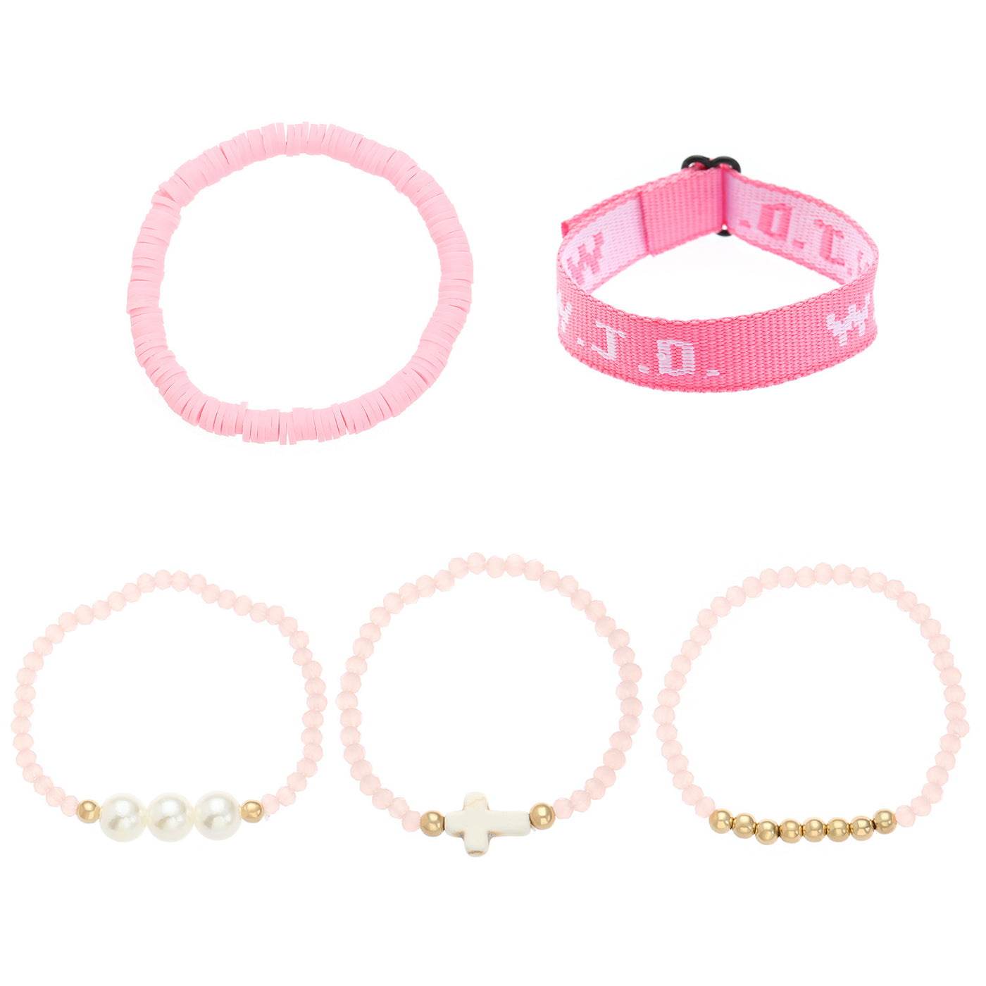 Eastern Mystiques Printed Letter WWJD Turquoise Cross Bracelet Pearl Pink Crystal Soft Clay Beaded Bracelet 5-Piece Set Jewelry for Women