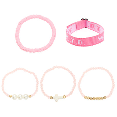 Eastern Mystiques Printed Letter WWJD Turquoise Cross Bracelet Pearl Pink Crystal Soft Clay Beaded Bracelet 5-Piece Set Jewelry for Women