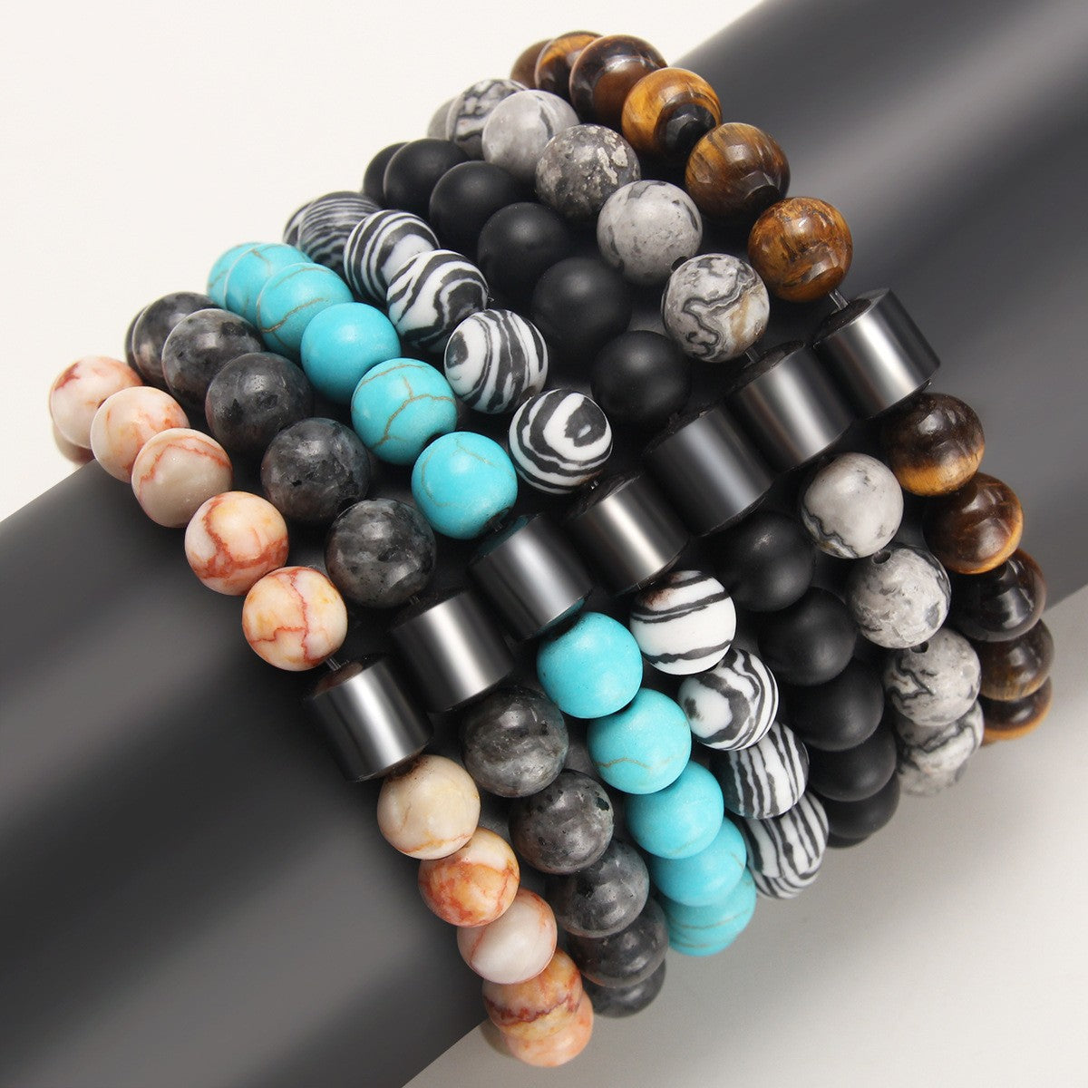 Eastern Mystiques Black Gallstone Volcanic Stone Tiger Eye Stone 8mm Natural Stone Beaded Bracelet Elastic Cord Bracelet