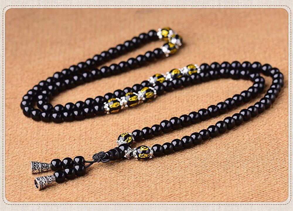 Eastern Mystiques Obsidian Synthetic Bracelet 108 Beads Buddhist Prayer Beads Multi-layer Bracelet Six-word Mantra Tiger Eye Stone Unisex Couple Jewelry