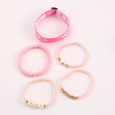 Eastern Mystiques Printed Letter WWJD Turquoise Cross Bracelet Pearl Pink Crystal Soft Clay Beaded Bracelet 5-Piece Set Jewelry for Women