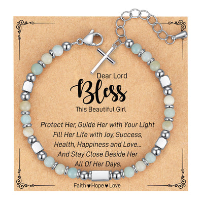Eastern Mystiques Turquoise Bracelet Adjustable Stainless Steel Square Silver Bead Cross Pendant Pink Quartz Blue Turquoise Cross Chain Bracelet