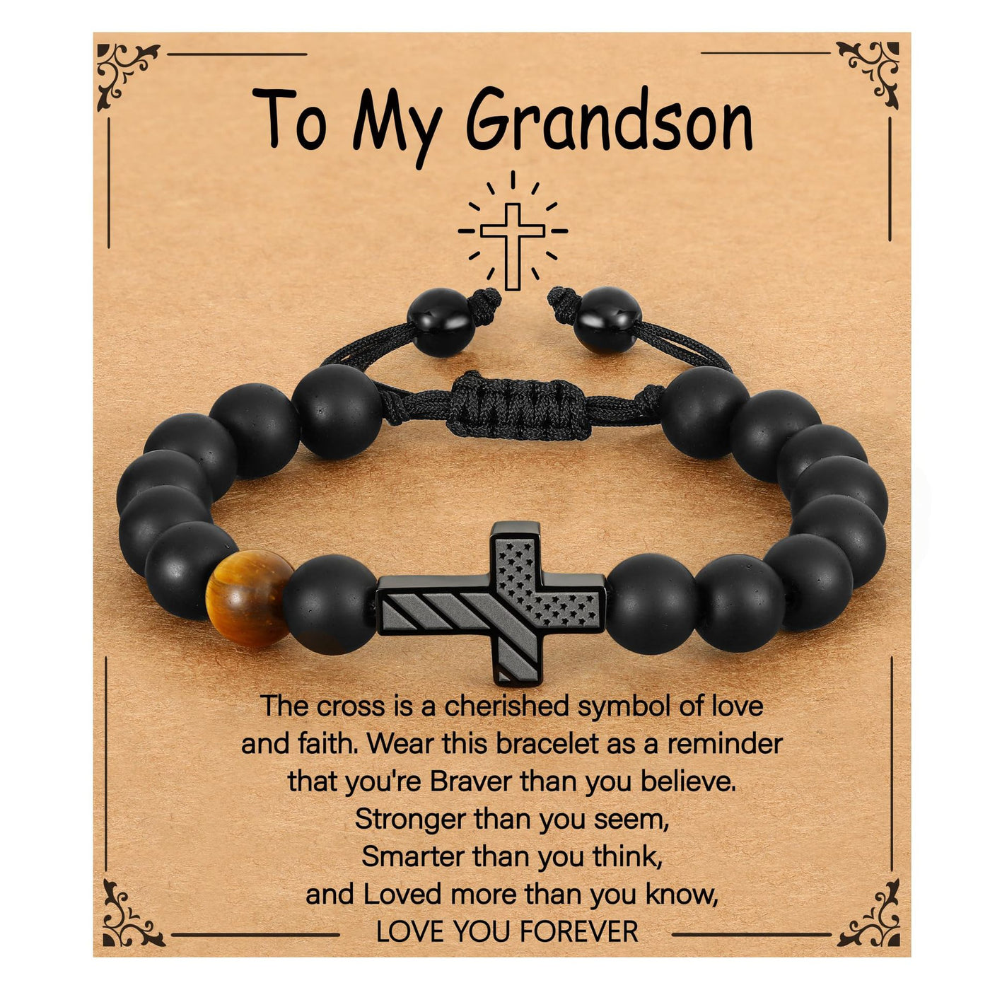 Eastern Mystiques Men's Black Onyx Bracelet American Flag Cross Woven Tiger Eye Stone Black Onyx Flag Cross Bracelet