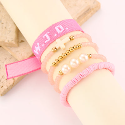 Eastern Mystiques Printed Letter WWJD Turquoise Cross Bracelet Pearl Pink Crystal Soft Clay Beaded Bracelet 5-Piece Set Jewelry for Women