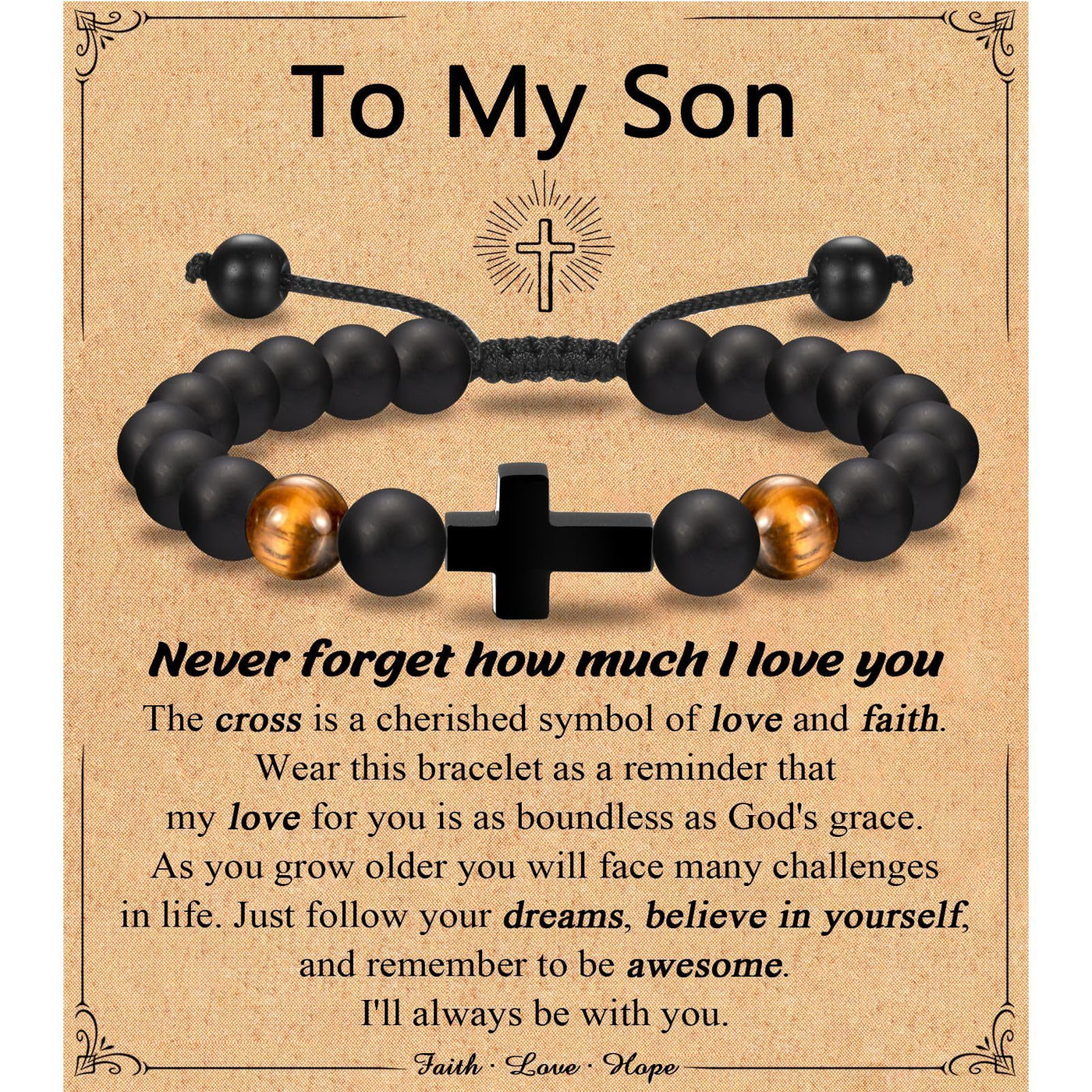 Eastern Mystiques Black Matte Beaded Bracelet Faith Cross Gift Adjustable Black Matte Tiger Eye Stone Cross Bracelet