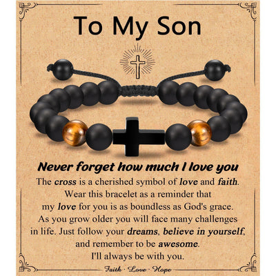 Eastern Mystiques Black Matte Beaded Bracelet Faith Cross Gift Adjustable Black Matte Tiger Eye Stone Cross Bracelet
