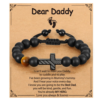 Eastern Mystiques Men's Black Onyx Bracelet American Flag Cross Woven Tiger Eye Stone Black Onyx Flag Cross Bracelet