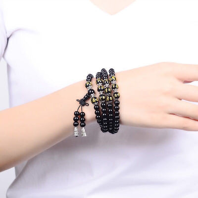 Eastern Mystiques Obsidian Synthetic Bracelet 108 Beads Buddhist Prayer Beads Multi-layer Bracelet Six-word Mantra Tiger Eye Stone Unisex Couple Jewelry