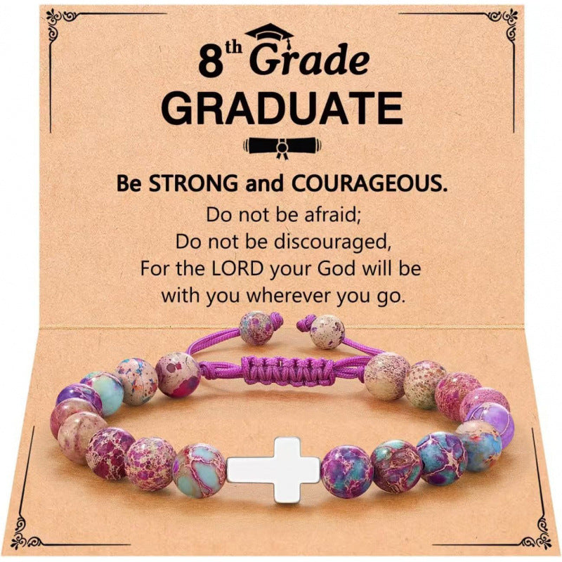 Eastern Mystiques Purple Flower Emperor Stone Woven Bracelet 8mm Adjustable Alloy Cross Pendant Emperor Stone Cross Bracelet