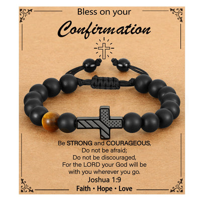 Eastern Mystiques Men's Black Onyx Bracelet American Flag Cross Woven Tiger Eye Stone Black Onyx Flag Cross Bracelet