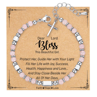 Eastern Mystiques Turquoise Bracelet Adjustable Stainless Steel Square Silver Bead Cross Pendant Pink Quartz Blue Turquoise Cross Chain Bracelet