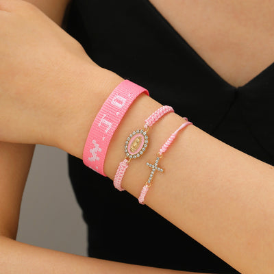 Eastern Mystiques Printed Letter WWJD Turquoise Cross Bracelet Pearl Pink Crystal Soft Clay Beaded Bracelet 5-Piece Set Jewelry for Women