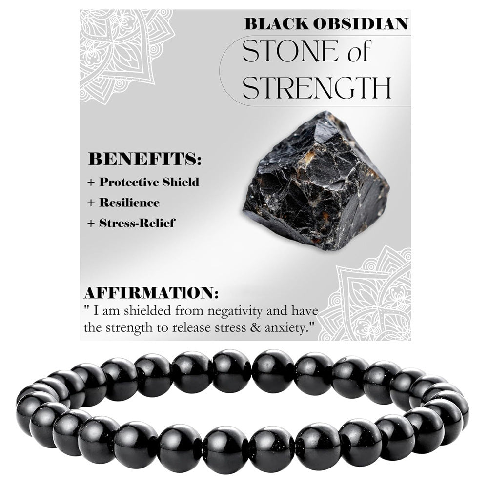 Eastern Mystiques 6mm Natural Stone Obsidian Amazonite Beaded Bracelet Elastic Cord Bracelet with Card