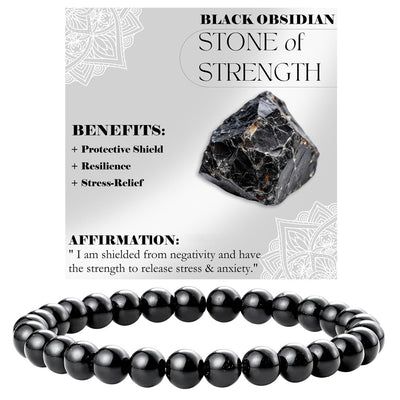 Eastern Mystiques 6mm Natural Stone Obsidian Amazonite Beaded Bracelet Elastic Cord Bracelet with Card