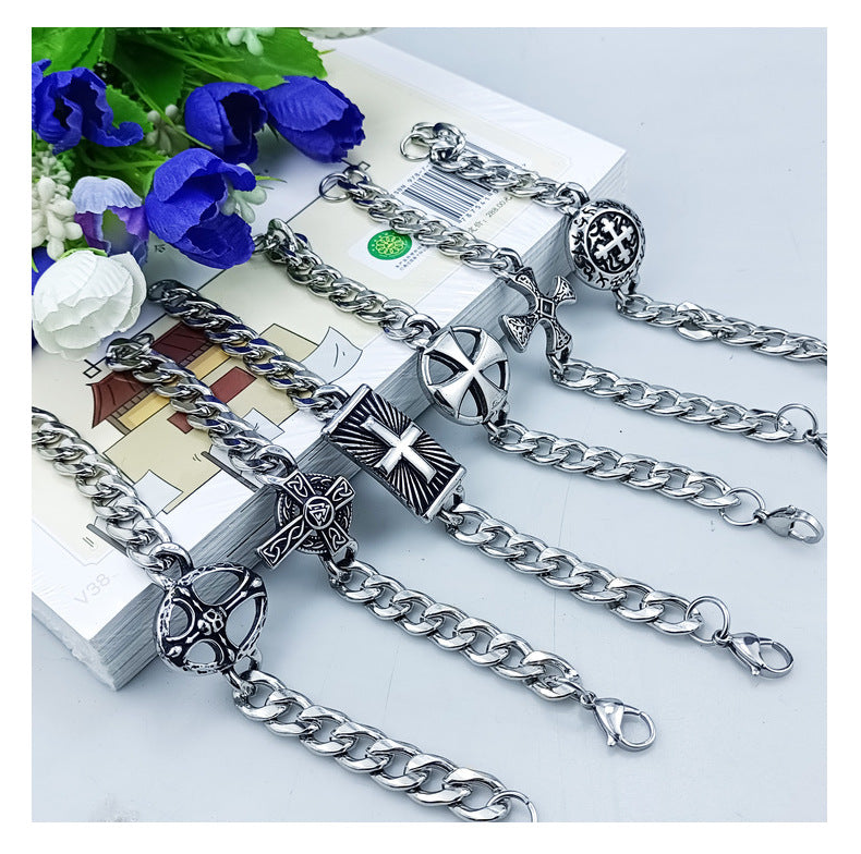 Eastern Mystiques 2025 Stainless Steel Hip-Hop Blackened Retro Men's Cross Bracelet Personality Trend Geometric Cool Style Hot Item