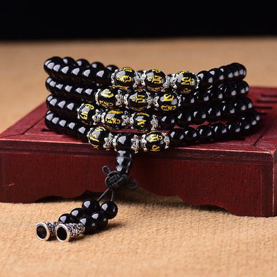 Eastern Mystiques Obsidian Synthetic Bracelet 108 Beads Buddhist Prayer Beads Multi-layer Bracelet Six-word Mantra Tiger Eye Stone Unisex Couple Jewelry