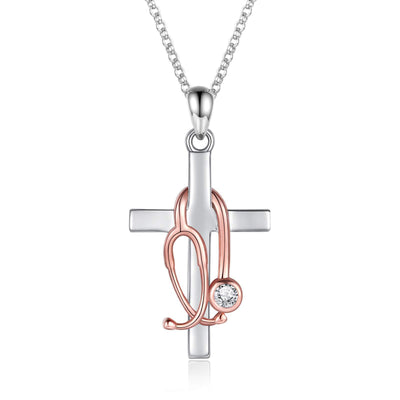 Eastern Mystiques Women's Cross Necklace Steel Color Cross Gemstone Inlaid Rose Gold Stethoscope Cross Stethoscope Necklace