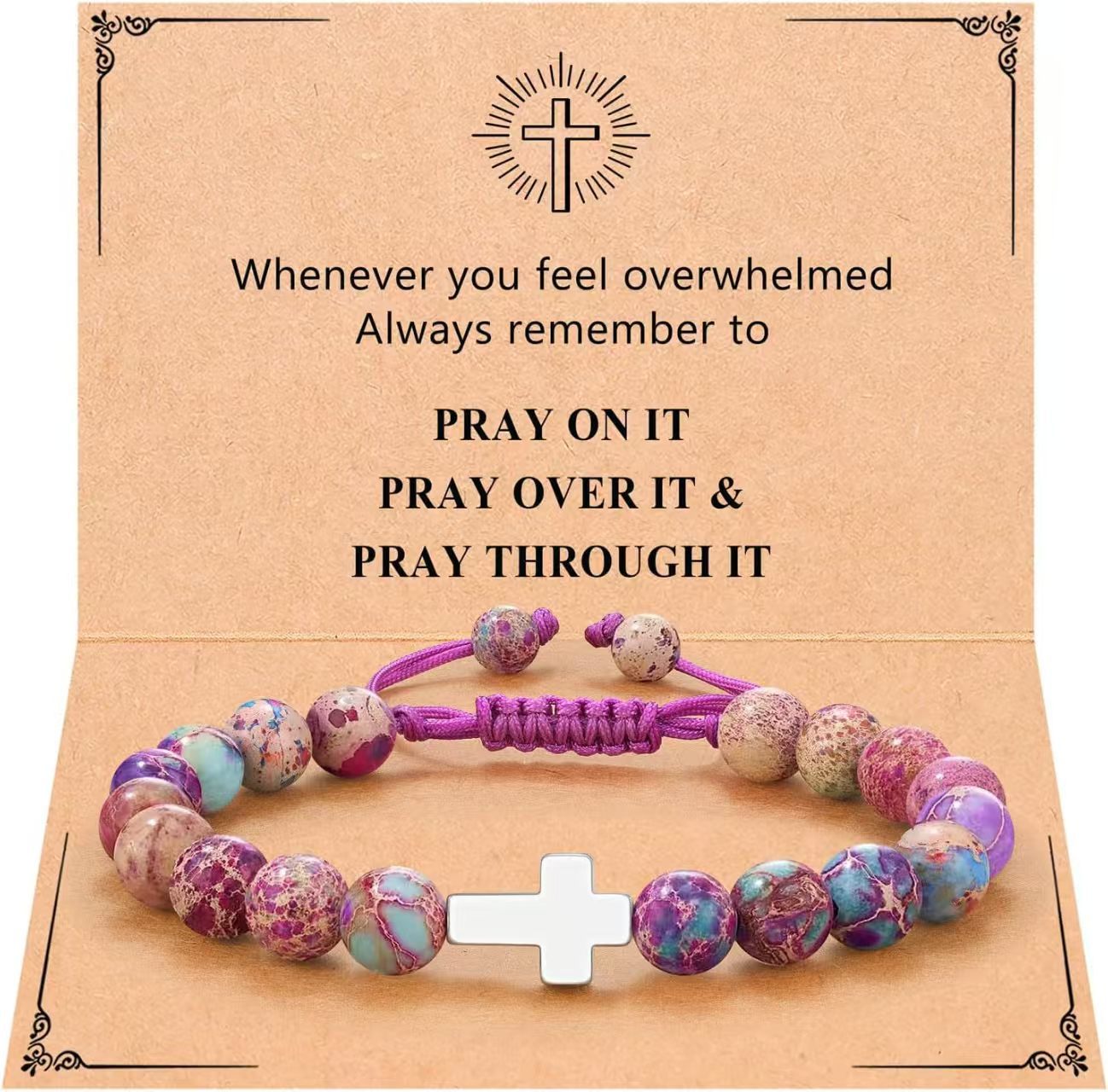 Eastern Mystiques Purple Flower Emperor Stone Woven Bracelet 8mm Adjustable Alloy Cross Pendant Emperor Stone Cross Bracelet
