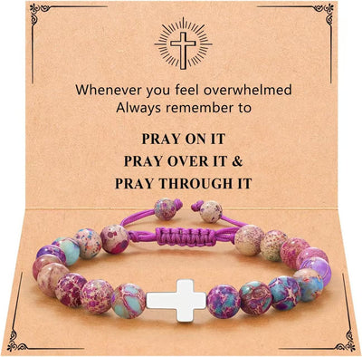Eastern Mystiques Purple Flower Emperor Stone Woven Bracelet 8mm Adjustable Alloy Cross Pendant Emperor Stone Cross Bracelet